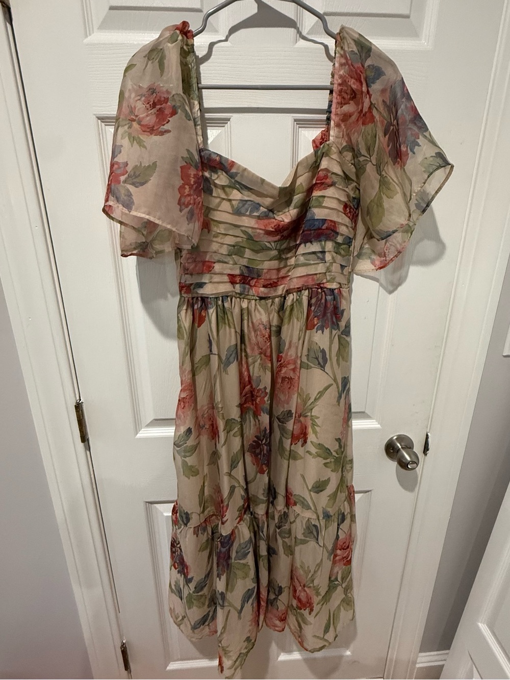 Abercrombie & Fitch Beige Floral Midi Dress with Pink & Green Print